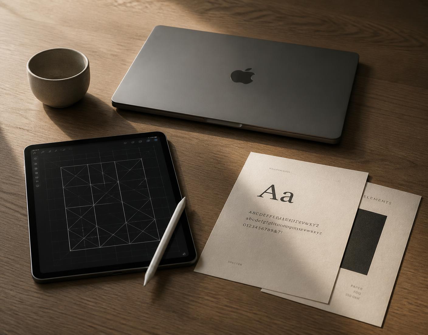 Studio desk with a laptop and a tablet showing a layout grid in progress