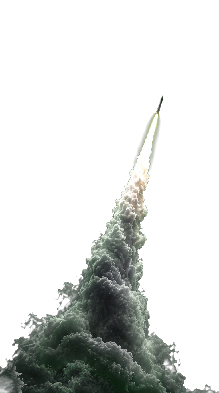 Rocket launching through a detailed plume of smoke